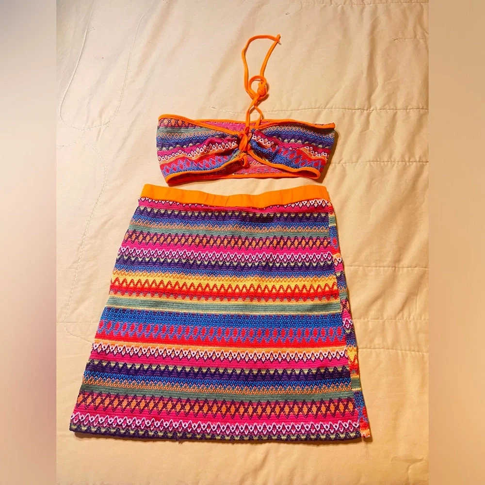 SHEIN Orange Multicolor Stripe Knit Bikini Top & Skirt Set - Picture 2 of 2